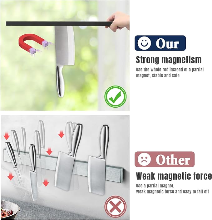 Dmore magnetic knife holder for wall—with 4 hooks, No Drilling 23 Inch black knife magnetic strip, Powerful knife magnet rack, include Adhesive Tape and screws for Knives, Utensils, and Tools-Ruum Studio Home