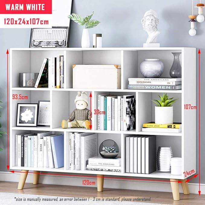 IOTXY Wooden Open Shelf Bookcase - 3-Tier Floor Standing Display Cabinet Rack with Legs, 10 Cubes Bookshelf, Warm White-Ruum Studio Home