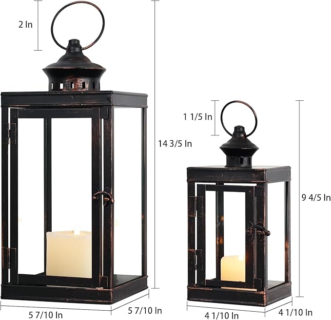 DECORKEY Large Lantern Decorative Outdoor & Indoor, Set of 2 (14’’&10’’) Metal Candle Lanterns Decor, Vintage Hanging Candle Holder for Front Porch Patio Wedding Farmhouse Home, Spring Decoration-Ruum Studio Home
