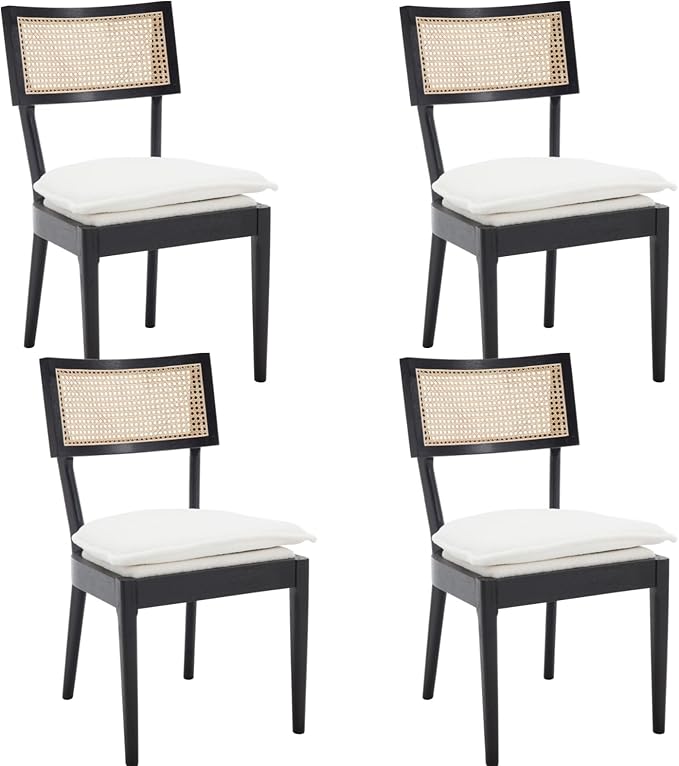 Rattan Dining Chairs Set Of 4 , Mid Century Modern Black Wooden Cane Back Chairs with Removable Sherpa Cushion , Retro Farmhouse Upholstered Kitchen & Dining Room Chairs for Restaurant Living Room-Ruum Studio Home