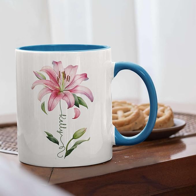 Customized Lily Flower Accent Cup, Novelty Flower Design Mug 11oz 15oz, Personalized Name Lily Lover Ceramic Cup, Custom Flower Decorative Mug, Unique Coffee Cup For Girl-Ruum Studio Home