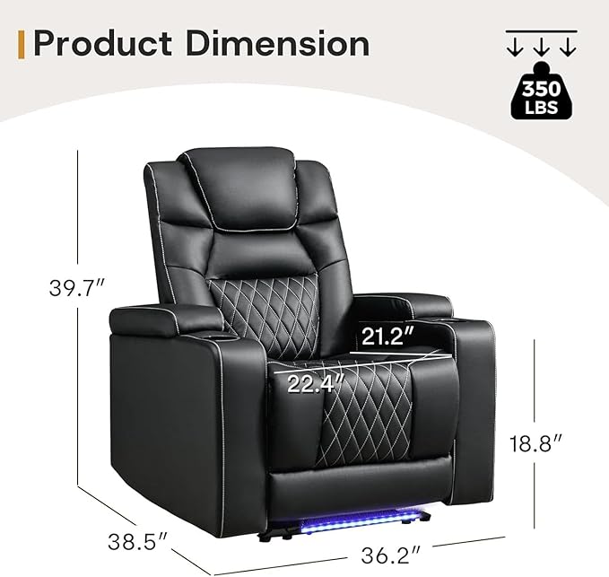 ANJ Power Home Theater Recliner Chair Set of 2, Electric Movie Theater Seating Reclining Chairs with Cup Holders for Living Room, Faux Leather with Blue LED, USB Ports, Hidden Arm Storage (Black)-Ruum Studio Home