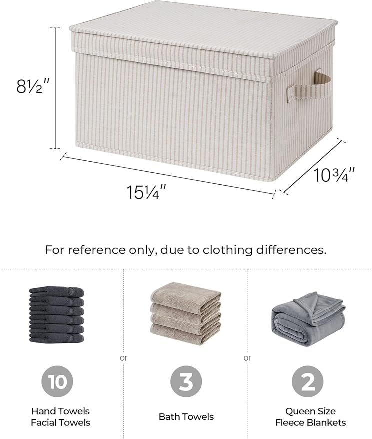 StorageWorks Large Storage Bins with Lids, Decorative Storage Boxes with Lid and Handles, Foldable Storage Baskets for Closet, Shelves, Stackable, Khaki Stripe, 3-Pack-Ruum Studio Home