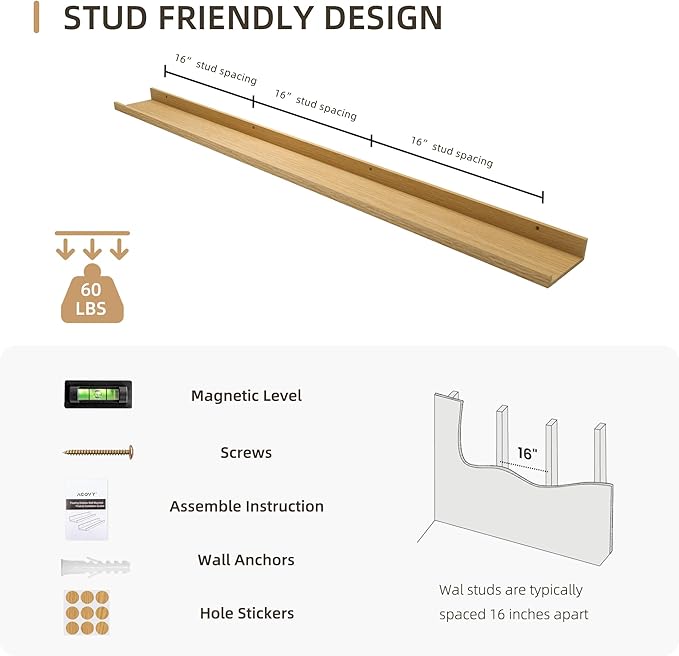 Picture Ledge Shelf, Wood Long Floating Shelves for Wall, Set of 2, 56 inch Picture Ledge Shelves, Photo Ledge Nursery Book Shelves Wall Mounted for Living Room Kids' Room Bedroom, Color Oak-Ruum Studio Home