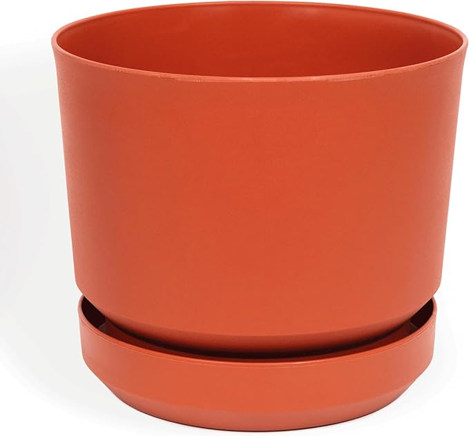 Elly Décor 12 inch Plastic Cylinder Planter Pot with Self-Watering Saucer and Drainage Hole,Lightweight & Extremely Durable, 12"x 12", Terracotta-Ruum Studio Home