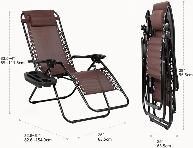 Nazhura Set of 2 Relaxing Recliners Patio Chairs Adjustable Steel Mesh Zero Gravity Lounge Chair Beach Chairs with Pillow and Cup Holder Khaki (Brown)-Ruum Studio Home