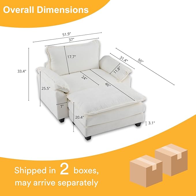Karl home Oversized Accent Chair Chenille Sofa with Chaise, Modern Sofa Chair with Removable Ottoman Modular 1-Seater Couch and 2-Layer Ottoman for Living Room, Apartment, Studio, Beige-Ruum Studio Home