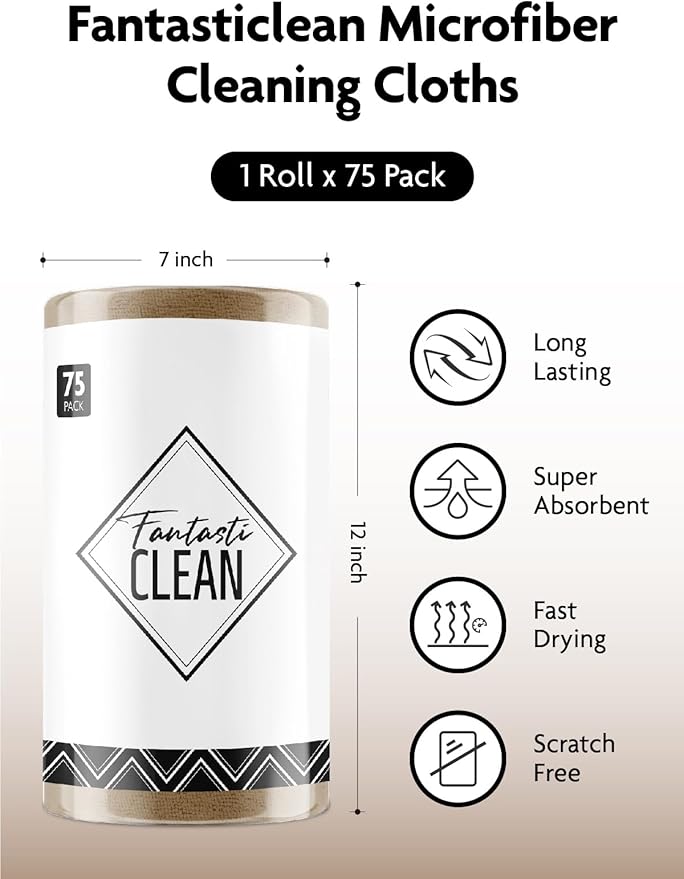 Fantasticlean Microfiber Cleaning Cloth Roll -75 Pack, Tear Away Microfiber Towels, 12" x 12", Reusable, Washable, Scratch Free, Ultra Absorbent Dish Rags for Car, Home, Garage or Shop (TAN)-Ruum Studio Home