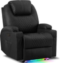 AHMED Power Recliner Chair with Vibration Massage & Heat for Adults, Faux Leather Home Theater Seating with Cup Holders/LED Lights/USB Ports/Side Pockets for Living Room, Black-Ruum Studio Home