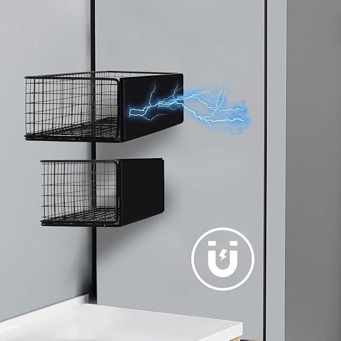 Magnetic Basket, Magnetic Shelf for Fridge,Magnetic Spice Rack Wire Mesh Magnetic Organizer Holder Accessories for Office Kitchen Classroom Storage, Black-High, Large x1&Small x1 Set of 2-Ruum Studio Home