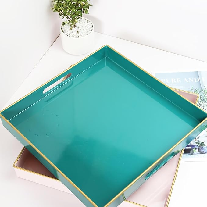 Spsyrine Green Decorative Serving Tray with Handles, 13" X 13" Square Plastic Coffee Table Tray for Ottoman, Living Room, Bathroom, Home Decor.-Ruum Studio Home