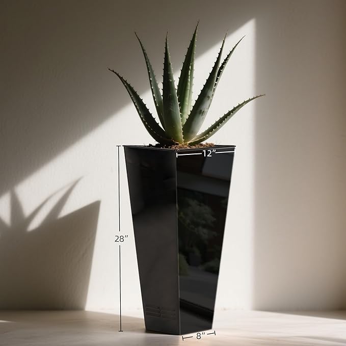 Worth Garden 28" H. Large Metal Glazed Planter Set of 2, Modern Glossy Finish Black Tall Square Tapered Steel Flower Plant Pots for Indoor & Outdoor Use - Insert Plate with Drain Holes, Air Vents-Ruum Studio Home