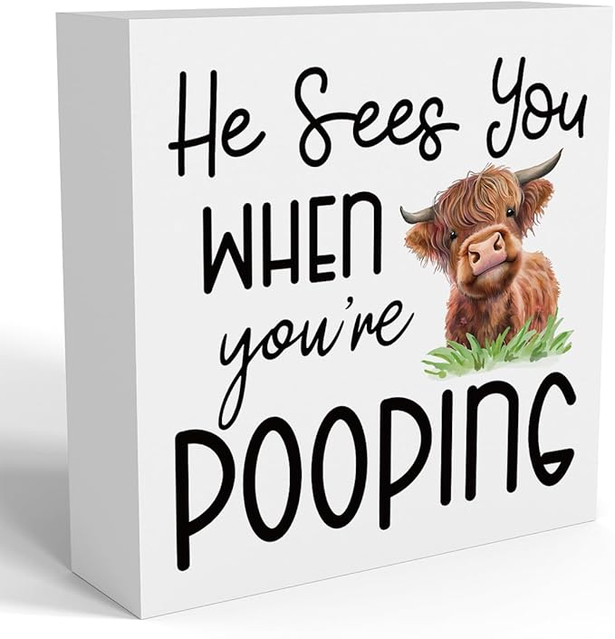 Funny Highland Cow Bathroom Decor Are You Pooping Sign Highland Cow Gifts for Women Highland Cow Nursery Decor, Wooden Box Decor Sign for Home Farmhouse Office Living Room Table Shelf Tiered-Ruum Studio Home
