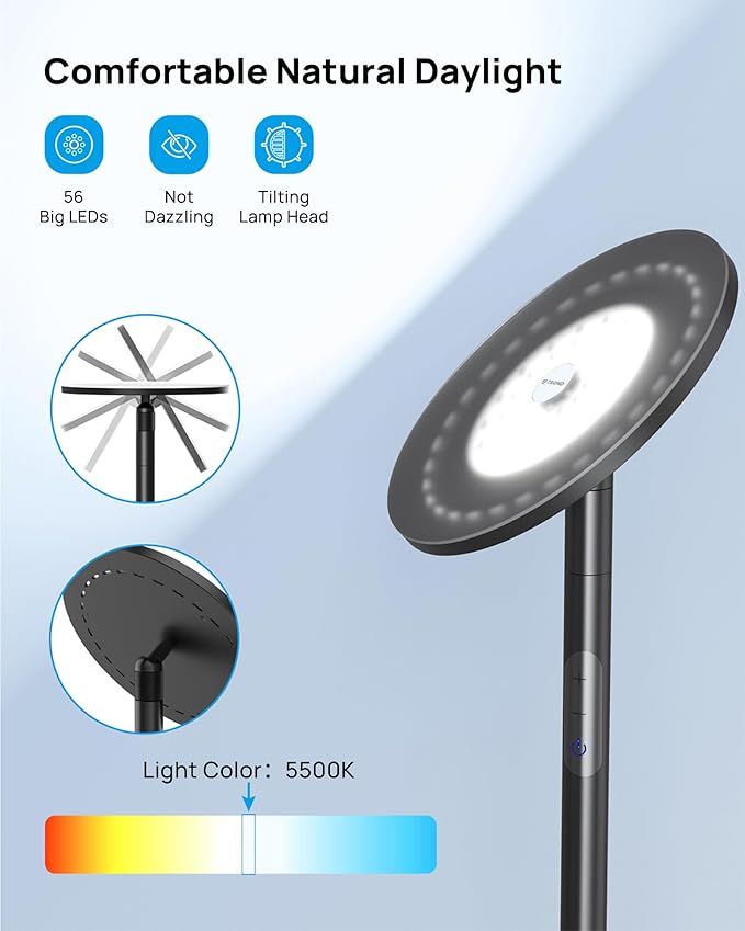 TROND Floor Lamp, Bright Sky LED Modern Torchiere Lamp, 71 in Tall Aluminum Pole Light, 5500K Natural Daylight Standing Light, Touch 5-Level Dimmable, 5000 lm, 30 Mins Timer for Living Room Bedroom-Ruum Studio Home