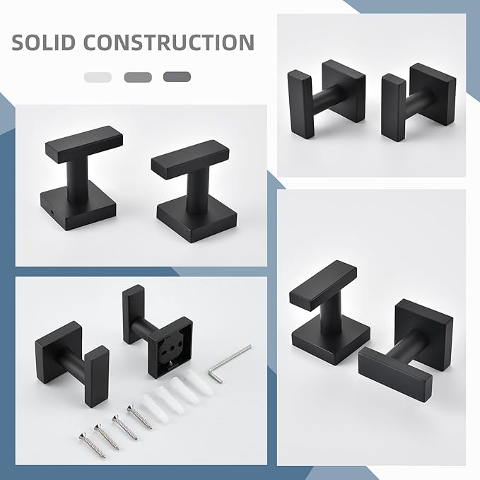 Angle Simple Bathroom Towel Hooks, Stainless Steel Robe Coat Hooks for Wall, Matte Black, 2 Pack-Ruum Studio Home