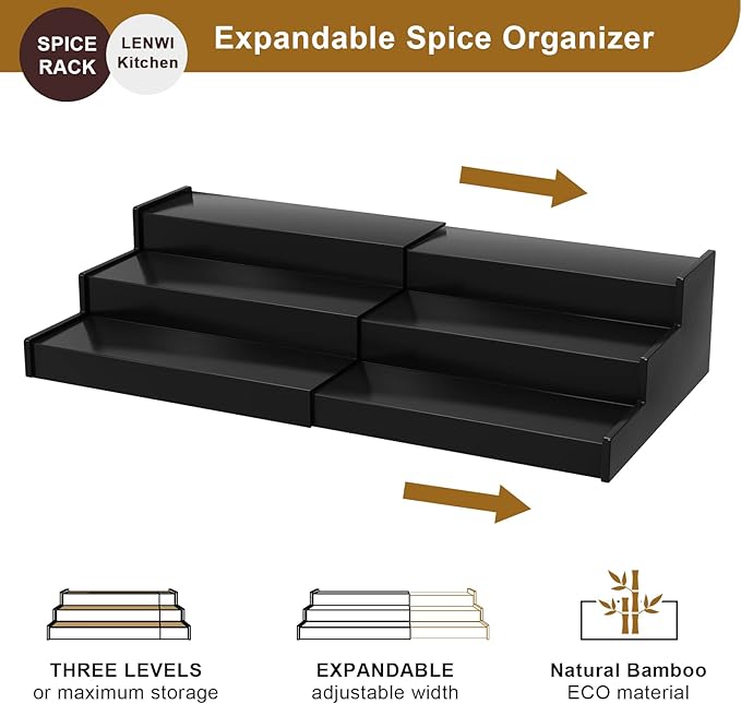 Spice Rack Organizer for Cabinet, 3 Tier Expandable Bamboo Spice Storage, Great for Kitchen Cabinet, Cupboard,Pantry and More(Black)-Ruum Studio Home