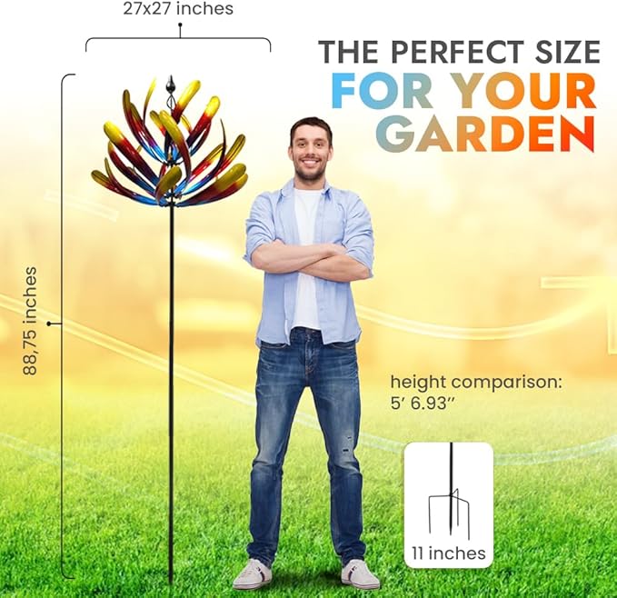 Large Wind Spinners - Decorative Garden Whirligigs - Durable Metal Flower Art - Ideal for Yard Decor and Gifts Colorful 88" H x 27" W-Ruum Studio Home