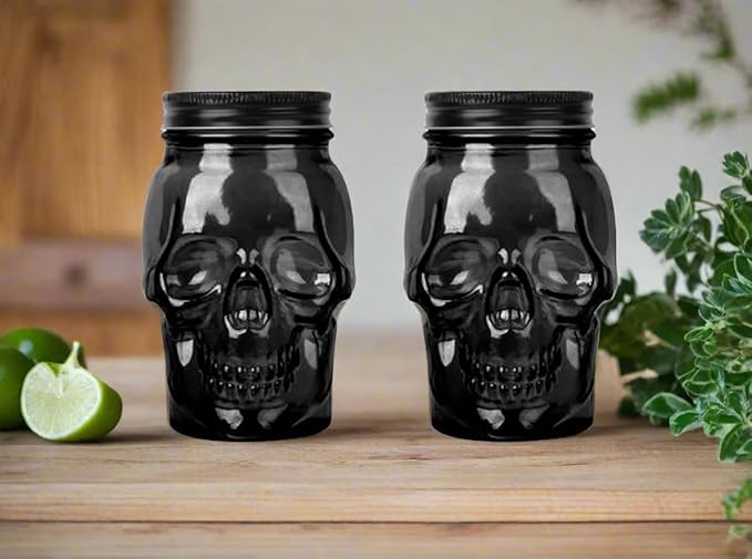 Set of 2 Skull Mason Jar Glasses with Lids | 16oz Reusable Halloween Drinking Glasses | Unique Skull Décor, Storage, & Canning Jars for Parties & Gifts-Ruum Studio Home
