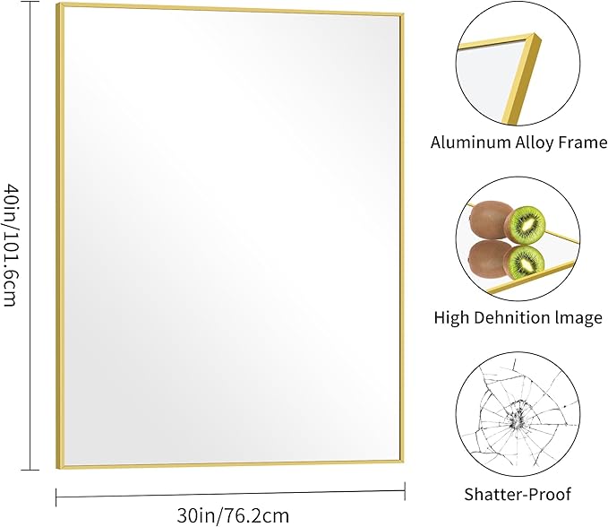 30x40In Gold Bathroom Mirror for Wall, Brushed Gold Rectangle Mirrors with Metal Frame, Bathroom Rectangular Mirror Modern Wall Mirror for Bedroom Living Room, Hangs Horizontal or Vertical-Ruum Studio Home