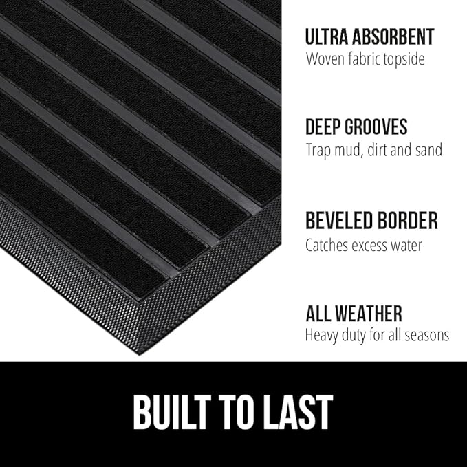 GORILLA GRIP 100% Waterproof All-Season WeatherMax Doormat US Designed Natural Rubber, Stain and Fade Resistant, Low Profile Indoor Outdoor Door Mats, Easy Clean Patio Mat, 17x29, Black Stripe-Ruum Studio Home