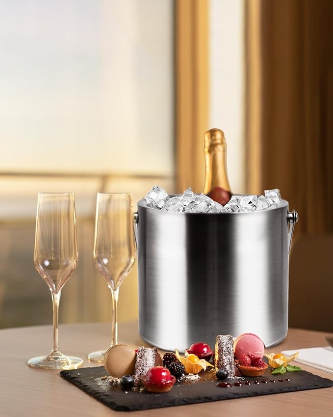 3L Double Wall Ice Bucket with Silicone Lid, Tongs & Scoop Insulated Ice Buckets for Parties & Cocktail Bar,[Silicone Lid for Longer Ice] Large Wine Bar Bucket Stainless Champagne Chiller-Ruum Studio Home
