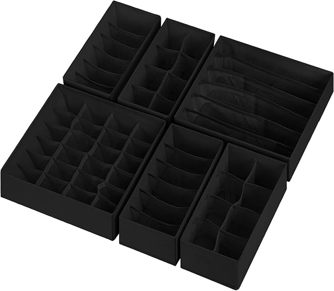 6 Pack Sock Underwear Drawer Organizer Dividers, 58 Cell Foldable Fabric Dresser Closet Organizers and Storage Bins for Clothing, Baby Clothes, Bra, Panty, Scarf, Ties (Black)-Ruum Studio Home