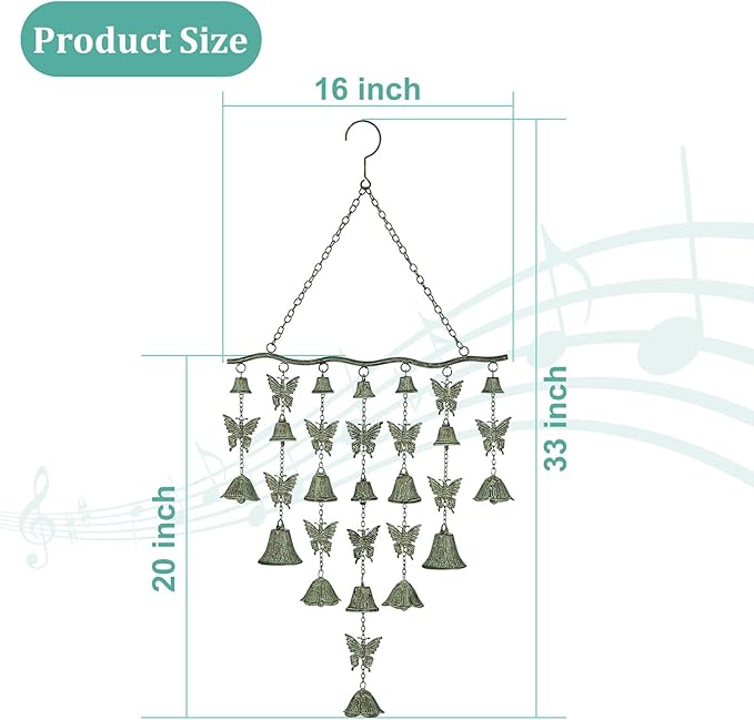 Butterfly Wind Chimes for Outside, Large Strung Verdigris Windchimes with Wrought Iron Bell for Garden, Patio, Porch Outdoor Decor, Memorial Sympathy-Ruum Studio Home