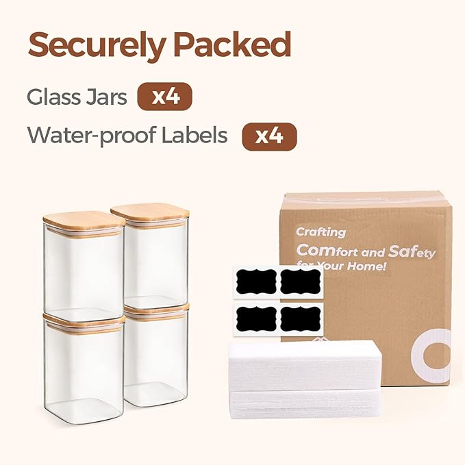 ComSaf Glass Storage Containers with Lids, 1.2 Qt Glass Jars with Lids, Clear Food Storage Jar, Canister For Pantry Cookie Flour Cereal Rice Sugar Tea Coffee Beans Spice, Square Set of 4-Ruum Studio Home