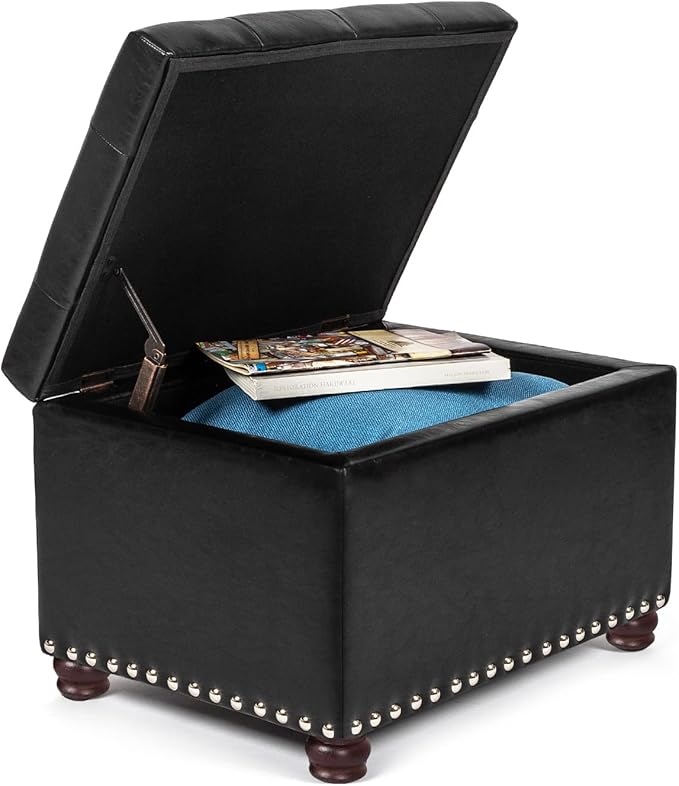 24'' Leather Storage Ottoman Rectangular Foot Rest Stool with Nailhead Trim Toy Chests & Storage Room Organizer for Bedroom Living Room(Black)-Ruum Studio Home