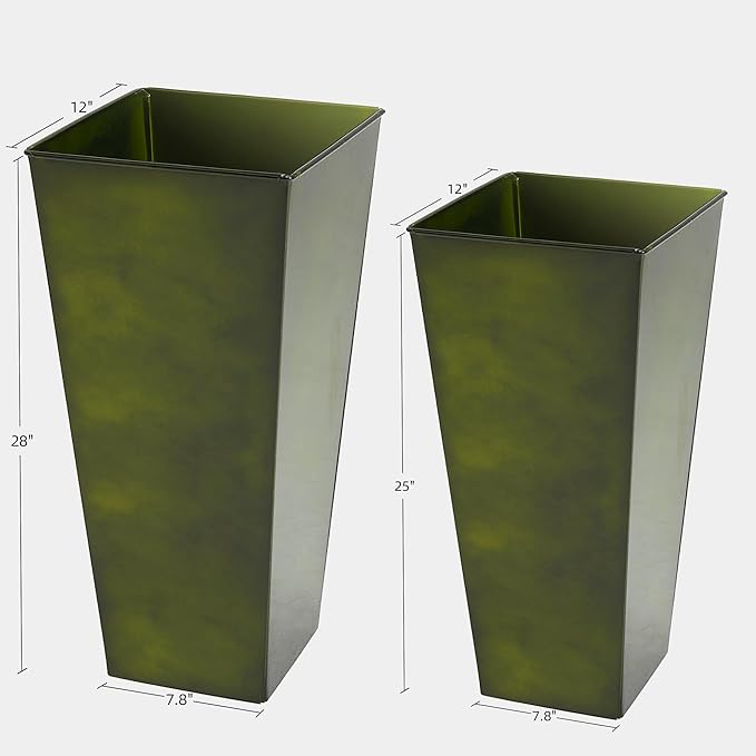 KOL 25'' & 28'' Tall Bright Glazed Planter with Insert, Set of 2, Galvanized Steel Planter Metal Pots with Drainage Hole for Indoor & Outdoor Use, Decorative Plant Pots for Front Porch, Patio - Green-Ruum Studio Home