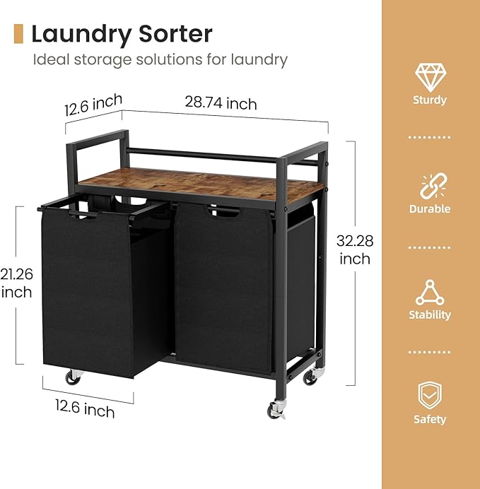 Laundry Hamper, Laundry Basket, Laundry Sorter with 2 Removable Bags, Clothes Basket with 2 Compartments, Wheels, Shelf for Laundry Room Bathroom Bedroom (2 Bags-Black)-Ruum Studio Home