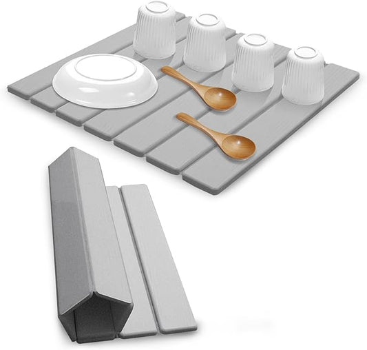 Large Stone Dish Drying Mats for Kitchen Counter, Quick Dry Absorbent Collapsible Dish Drying Mat,Diatomaceous Earth Mats for Dishes Bottles Cups,Match Any Countertop,Grey 16 * 12inch-Ruum Studio Home