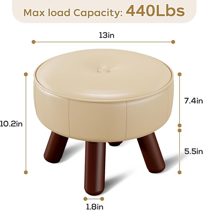 Small Foot Stool 13in, Round Faux Leaher Ottoman Foot Rest for Living Room, Under Desk Footstool Foot Rest with Non-Skid Rubber Legs for Bedroom, Entryway, 13''L x 13''W x 10.2''H, White-Ruum Studio Home