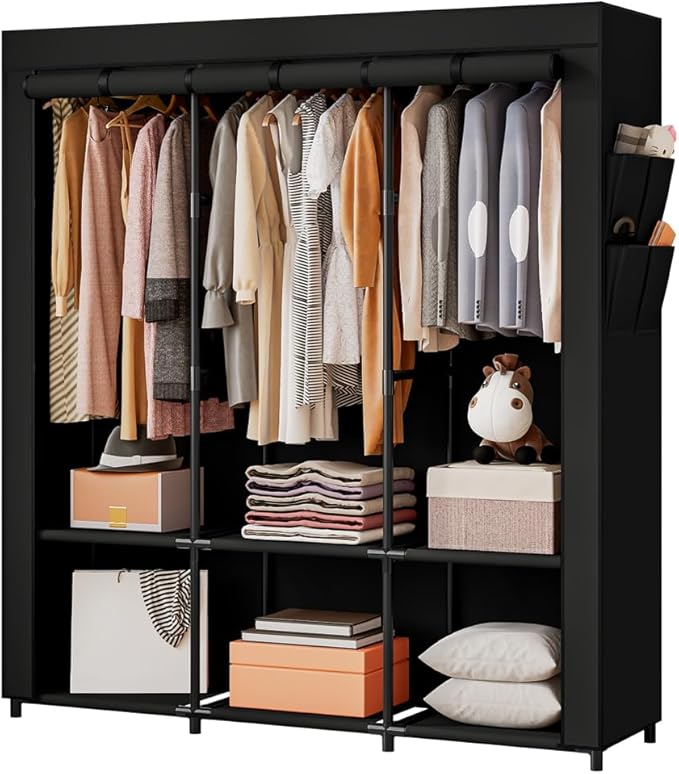 SORCEDAS Portable Closet Wardrobe Storage Organizer Metal Hanging Rack Non-Woven Fabric 50 Inch (Black)-Ruum Studio Home