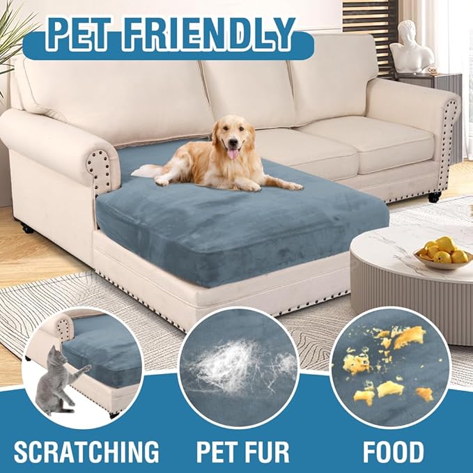 H.VERSAILTEX Velvet Stretch Individual Chaise Cover Sectional Couch Covers for L Shaped Sofa Both Left/Right Furniture Protector Seat Cushion Sofa Cover (1 Piece Chaise Cover, Stone Blue)-Ruum Studio Home