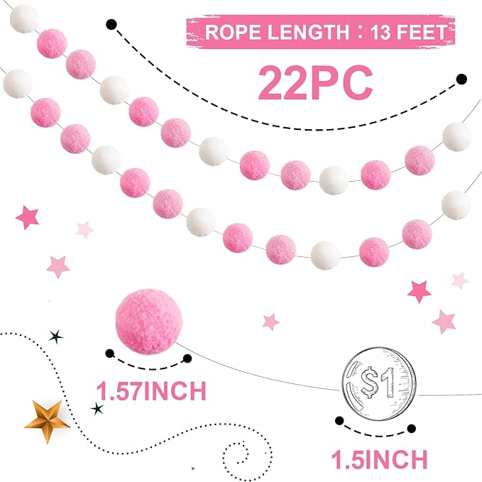 TBD Decor 2pk Pink Pom Pom Garland 13FT 4cm Large Felt Ball Garland Shower Decorationsfor Mantle,Indoor Holiday Wedding Birthday Gender Reveal Party Supplies-Ruum Studio Home