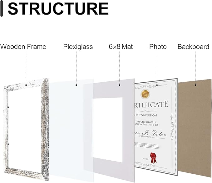 Vittanly 8.5x11 Picture Frames Set of 9, Shatter Resistant Plexiglass, Display 6x8 Pictures with Mat or 8.5x11 without Mat, Photo Frames for Wall or Tabletop, Engineered Wood, Distressed White-Ruum Studio Home