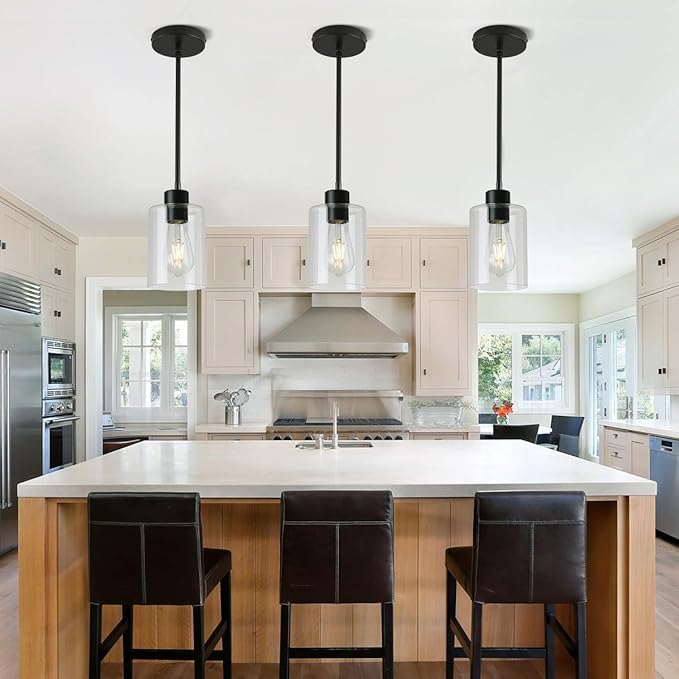Black Pendant Lights Kitchen Island,Modern Farmhouse Glass Pendant Light,Light Fixture Kitchen Pendant Mini Hanging Light Fixture for Sink (1 Pack Black stem Rod)-Ruum Studio Home