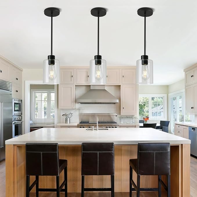 Black Pendant Lights Kitchen Island - Clear Glass Pendant Light Fixture Multiple Stems Rods 3 Units 12 Inch 3 Units 4 Inch (Black 3 Pack Stem Rod)-Ruum Studio Home
