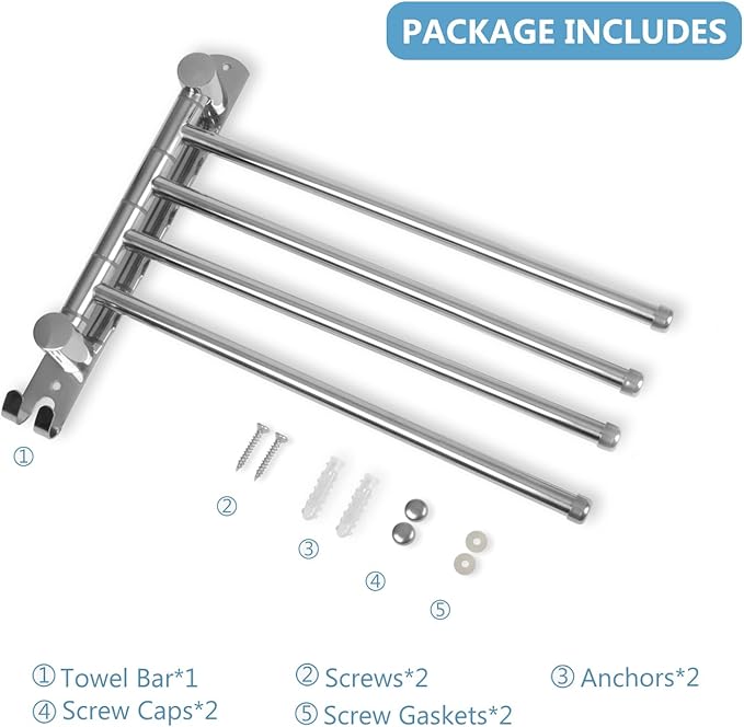 Bathroom Towel Rack JSVER Swivel 4 Arms Extended Towel Holder, SUS304 Stainless Steel Space Saving Towel Rack, Towel Racks for Bathroom, Kitchen-Ruum Studio Home