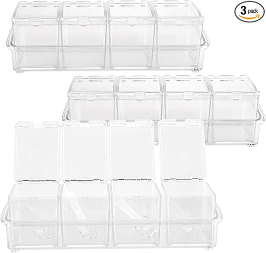 JAPCHET 3 Pack 4 Cell Clear Seasoning Box with Spoons, 10.2 × 3.54 × 3 inch Seasoning Storage Container with Cover, Clear Seasoning Rack Spice Pots for Spice, Salt, Sugar-Ruum Studio Home