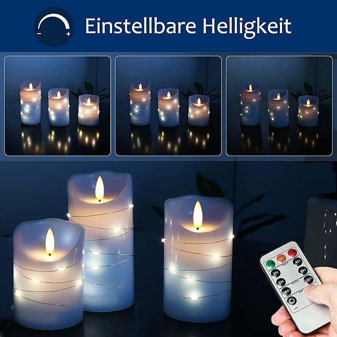 danip Sky Blue LED Flameless Candle, with Embedded Star String, 3-Piece Set of LED Candles, with 11 Button Remote Control, 24-Hour Timer Function, Dancing Flames, Real Wax, Battery Powered.-Ruum Studio Home