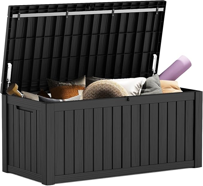 Mars Villa 119 Gallon Outdoor Storage Box Waterproof, Large Resin Deck Box for Pool Supplies Storage, Outdoor Patio Furniture Cushions, with Hydraulic Hinge, UV-Resistant and Weatherproof, Black-Ruum Studio Home