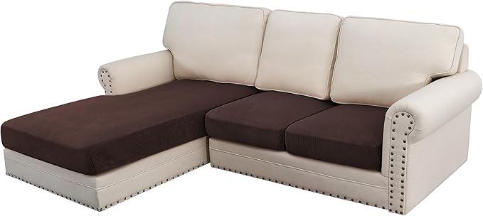 H.VERSAILTEX Velvet Stretch Sectional Couch Covers - 3 Piece L Shape Separate Cushion Set for Large 2 Seater + 1 Chaise, Brown Striped-Ruum Studio Home