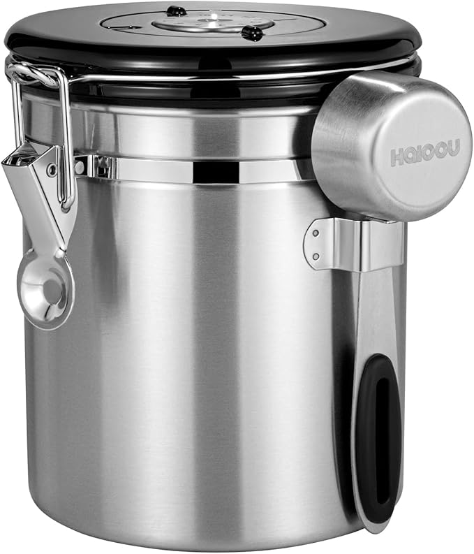 HAIOOU Airtight Coffee Canister, 16OZ Small Stainless Steel Coffee Bean Storage Container with Date Tracker, Measuring Scoop, CO2 Releasing Valves and Mini Tongs for Beans, Grounds and more - Silver-Ruum Studio Home