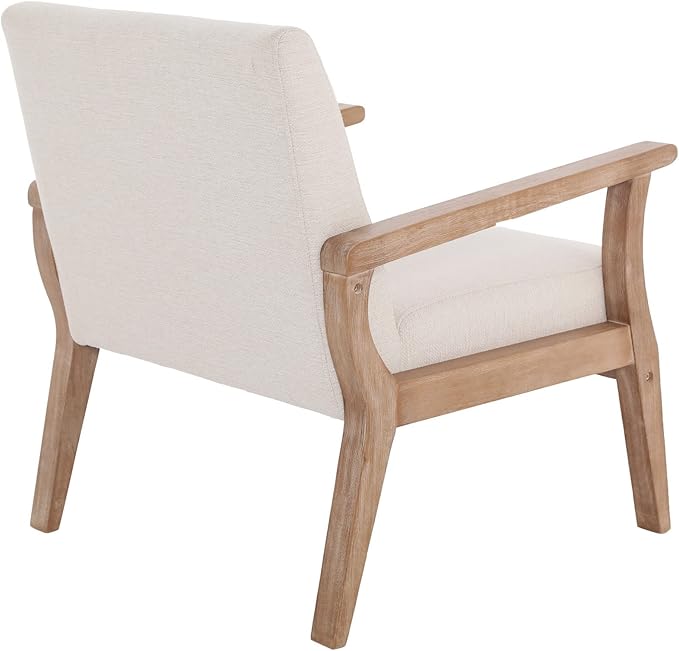 Mid Century Modern Accent Chair Set of 2, Linen Upholstered Living Room Accent Armchair with Wood Frame, Farmhouse Chair for Living Room Bedroom, Ivory-Ruum Studio Home