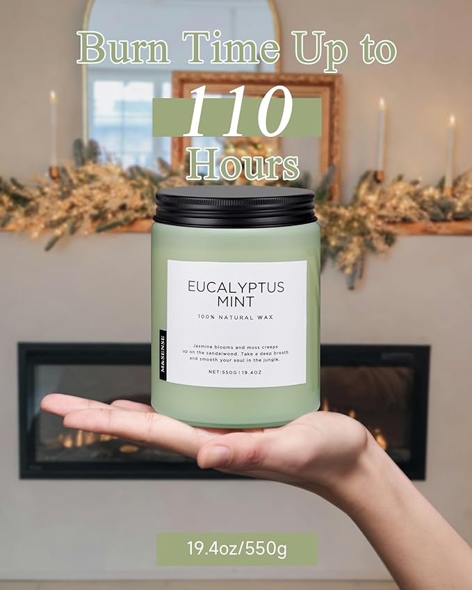M&SENSE Eucalyptus & Mint Candles for Home Scented, 19.4oz 110 Hours Burn Soy Aromatherapy Candle Gift for Stress Relief, Meditation, Yoga, Relaxing SPA, Natural Soy Wax for Men and Women-Ruum Studio Home