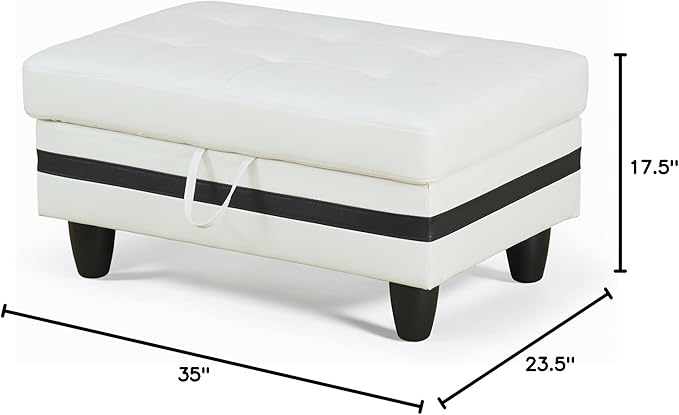 Ottoman Rectangular Storage Ottoman Bench, Faux Leather Footrest, Coffee Table, Stool Footstool with Hinged Lid for Living Room, Bedroom, Entryway, White with Black Strip, 35"x23.5"x17.5"-Ruum Studio Home