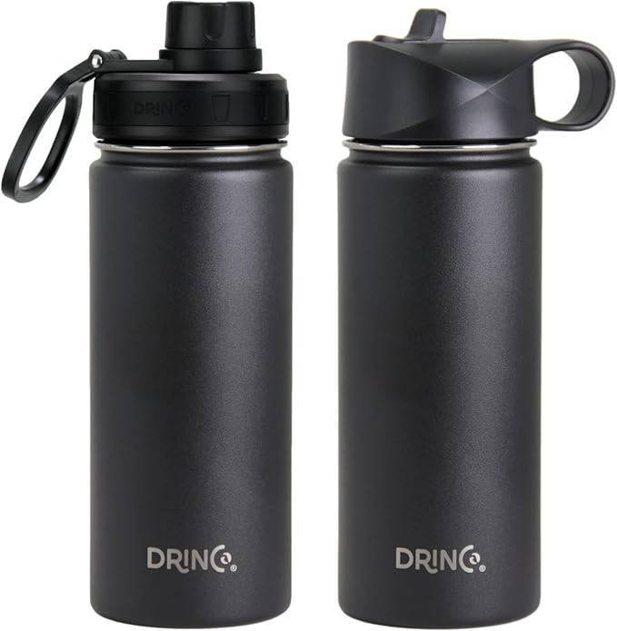 DRINCO Stainless Steel Water Bottle Spout Lid Vacuum Insulated Double Wall Water Bottle Wide Mouth (40oz 32oz 22oz 18oz 14oz) Leak Proof Keeps Cold or Hot (18 oz, 18oz Black)-Ruum Studio Home