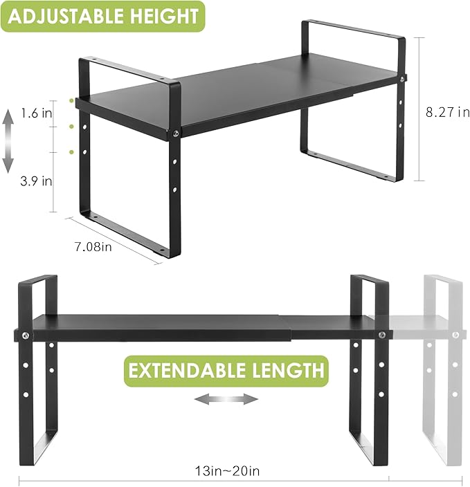 Expandable Cabinet Shelf Organizer Rack, Stackable Kitchen Counter Storage Shelves Stand, Adjustable Height Pantry Shelf Spice Rack (Black, 1 Pack)-Ruum Studio Home